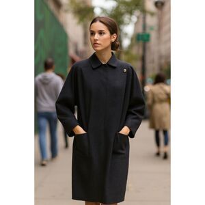 VTG JAEGER London Wool Coat Dress Womens 12 Charcoal Dolman Long Sleeve Pockets